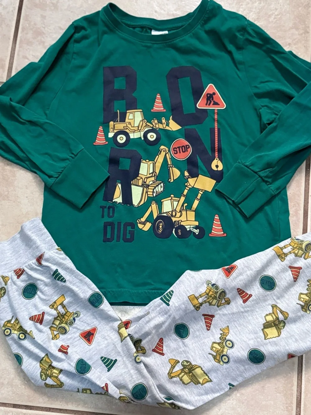 Boys Green Born To Dig Construction Vehicle Pajama Set